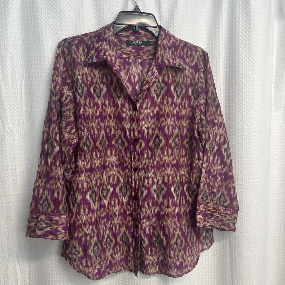Lauren Ralph Lauren Silk Cotton Purple Ikat Print Blouse Boho Classic‎ Large